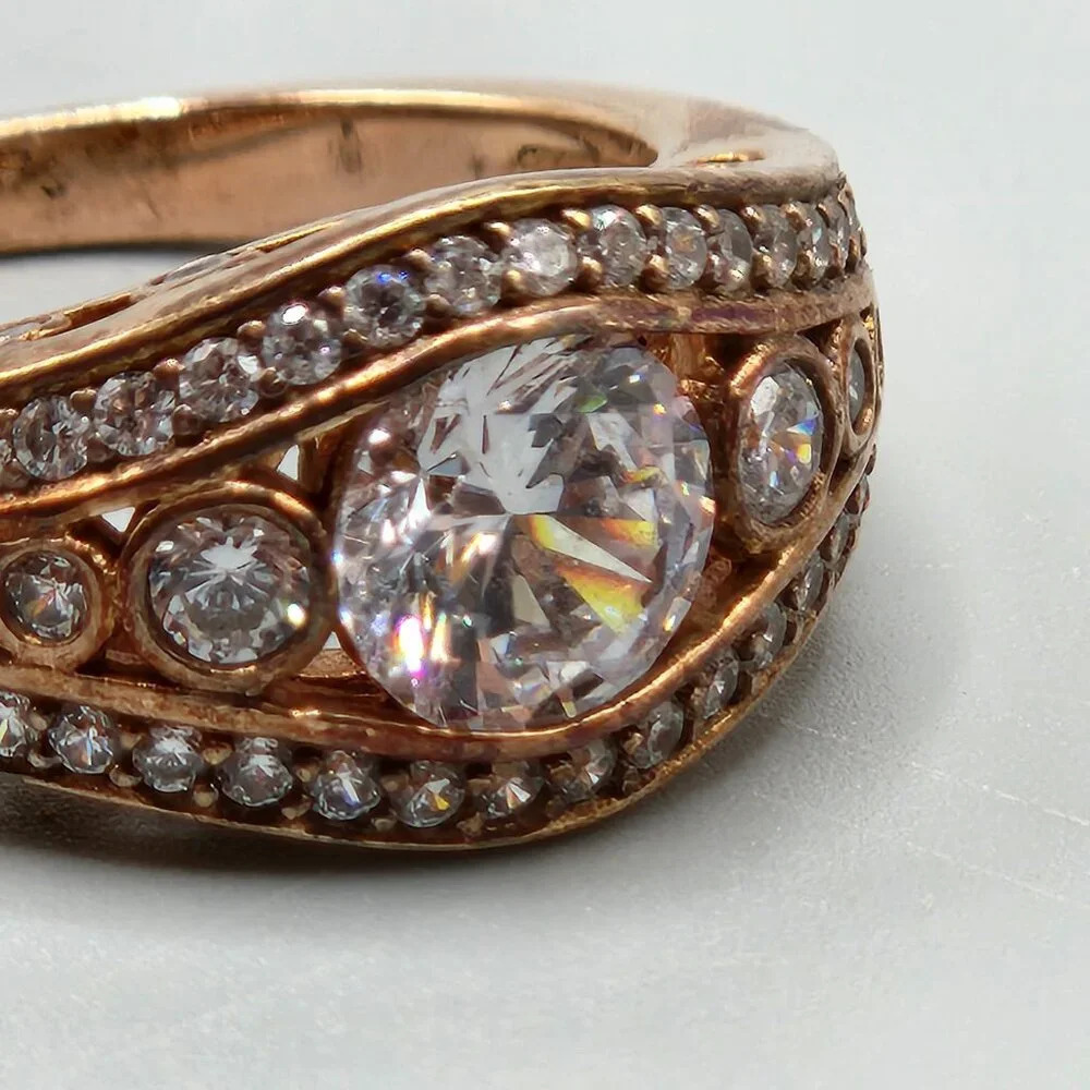 Rose Gold Tone Ring w/ Crystals Size  7 Sterling Silver - Picture 2 of 9